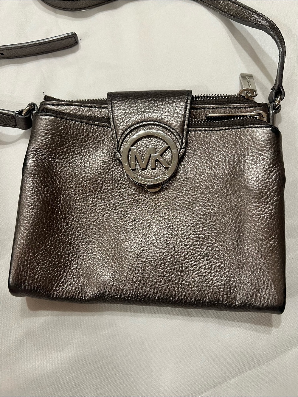Michael Kors Metallic Charcoal Pebbled Leather Crossbody Bag